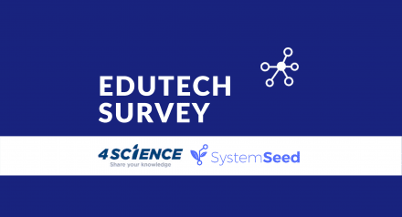 Edutech survey title and icon on dark blue background with 4Science and SystemSeed logos on a white stripe